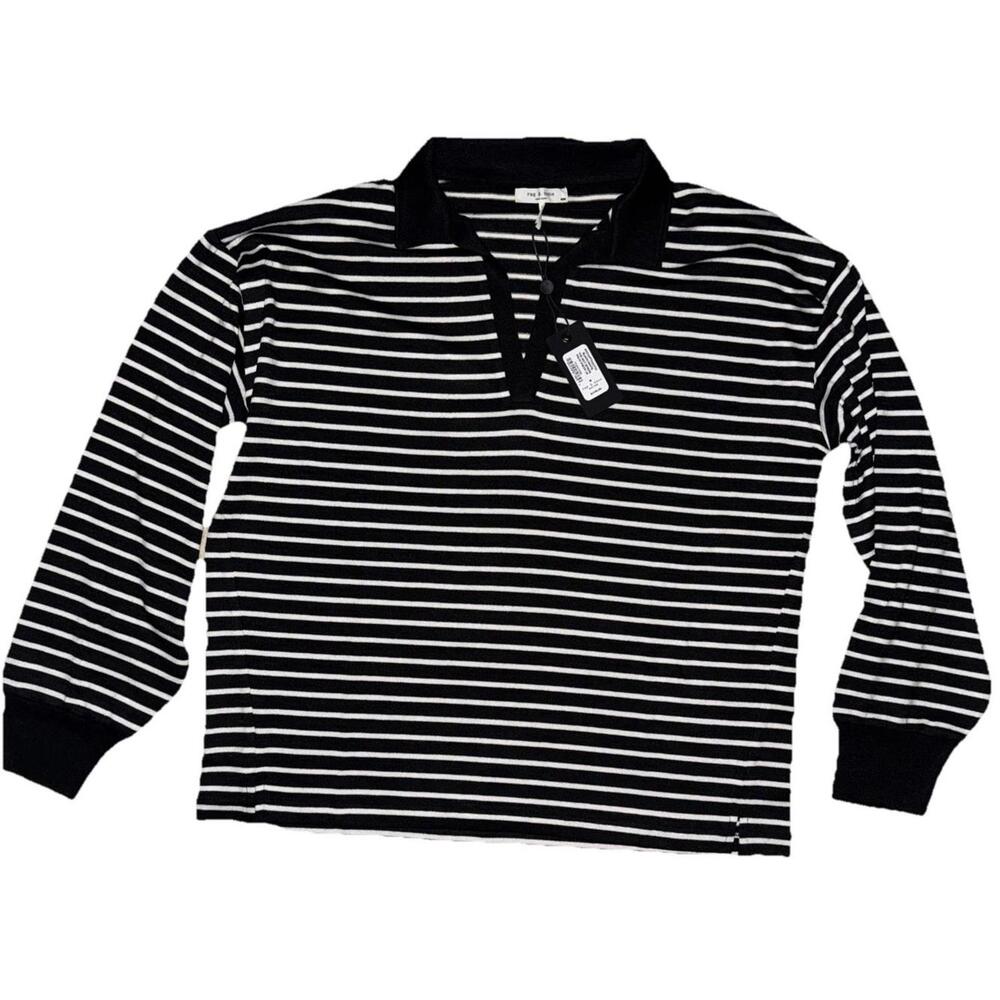New NWT Rag And Bone Black White The Knit Stripe Polo V Neck Sz M Preppy $178